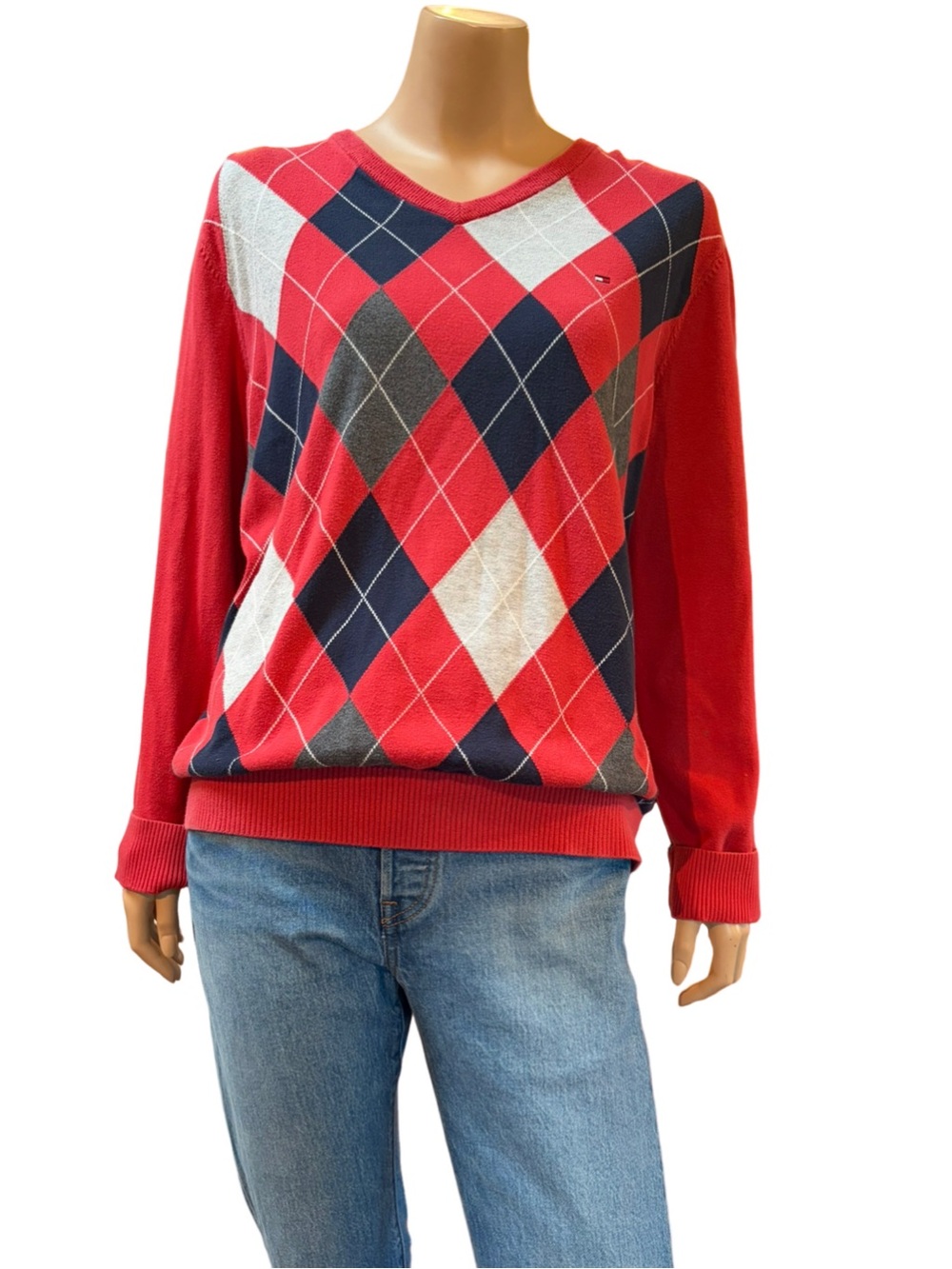 Tommy Hilfiger Red Argyle V-Neck Sweater with Navy & White Diamonds Large EUC